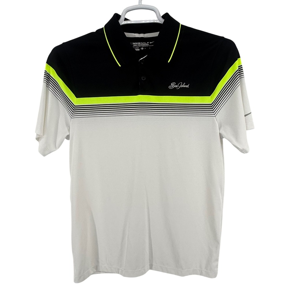 Nike Golf Tour Performance Dri Fit Polo Shirt M Black Neon Green SEA ISLAND - Picture 2 of 7